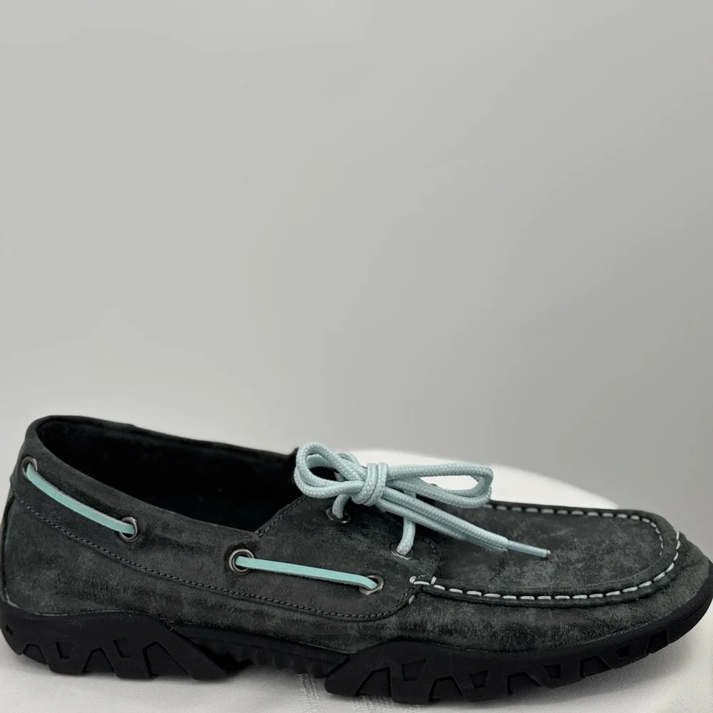 Ferrini Smoky Black Distressed Boat Shoes Moc Toc Leather Loafers Sz 9